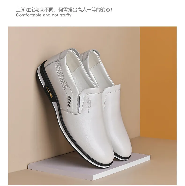 Men's White Leather Slip-On Shoes - British Style Casual Loafers for Spring & Autumn - Large Size Comfortable Dress Shoes showcase 15