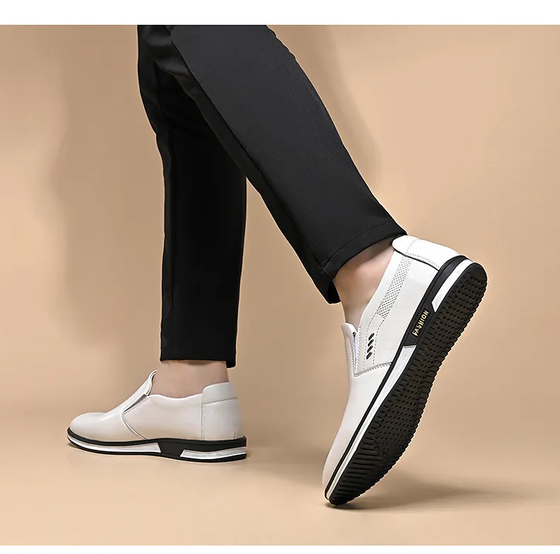Men's White Leather Slip-On Shoes - British Style Casual Loafers for Spring & Autumn - Large Size Comfortable Dress Shoes showcase 17