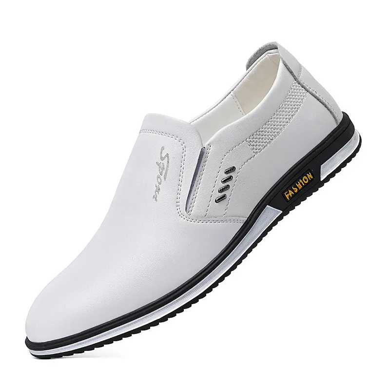Men's White Leather Slip-On Shoes - British Style Casual Loafers for Spring & Autumn - Large Size Comfortable Dress Shoes thumbnail 5