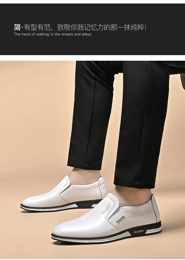 Men's White Leather Slip-On Shoes - British Style Casual Loafers for Spring & Autumn - Large Size Comfortable Dress Shoes showcase 14