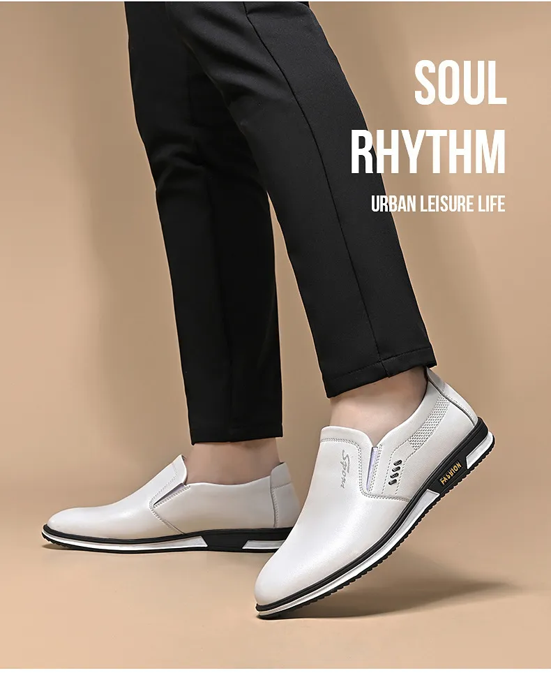 Men's White Leather Slip-On Shoes - British Style Casual Loafers for Spring & Autumn - Large Size Comfortable Dress Shoes showcase 3