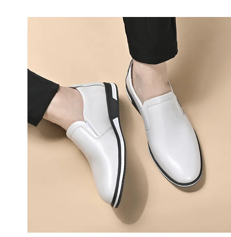 Men's White Leather Slip-On Shoes - British Style Casual Loafers for Spring & Autumn - Large Size Comfortable Dress Shoes showcase 16