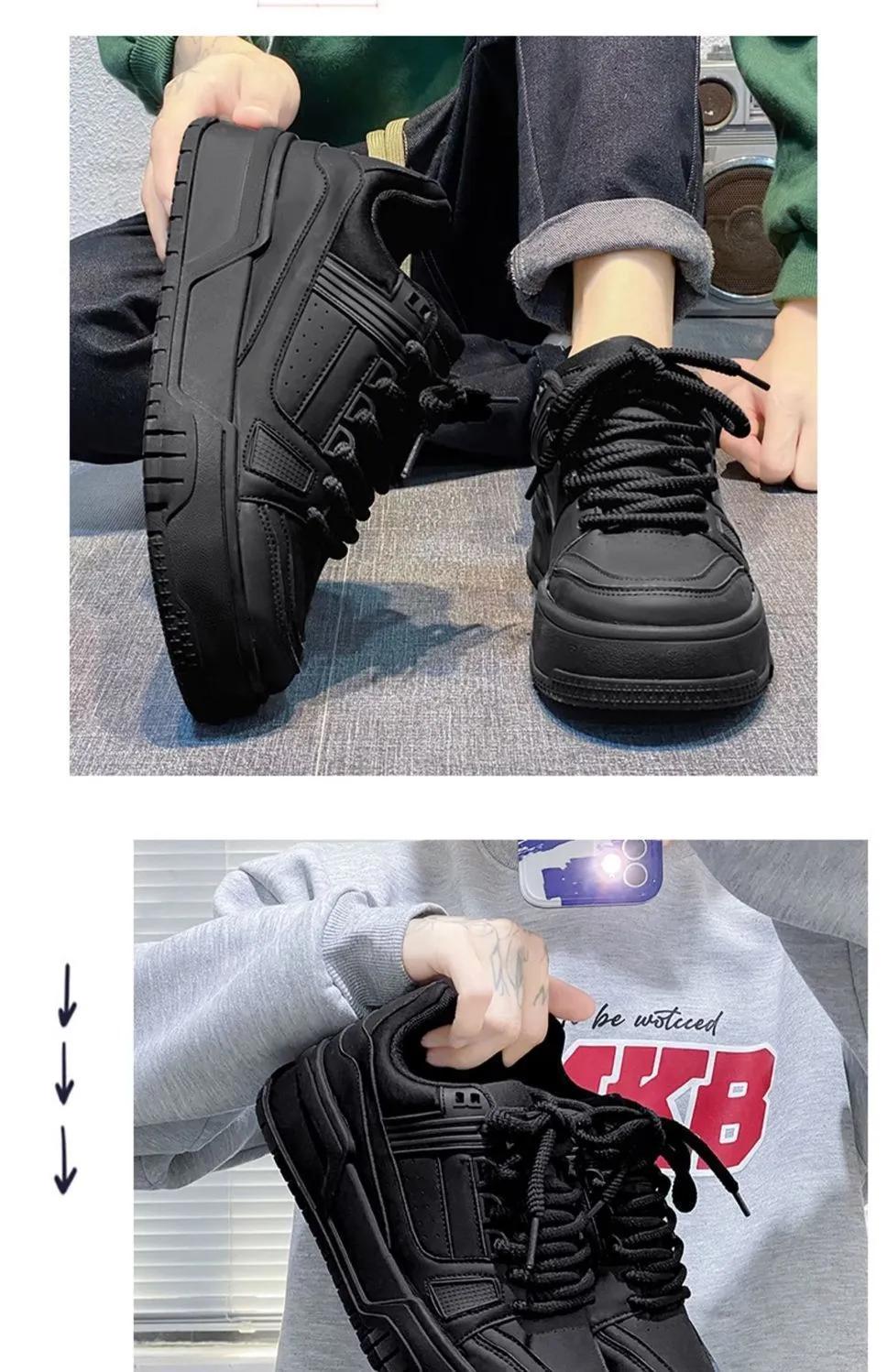 Men's Black Samurai Style Casual Shoes - Spring Trendy All-Match Low-Top Sneakers with Thick Sole for Height Increase - Sports Inspired Fashion showcase 11