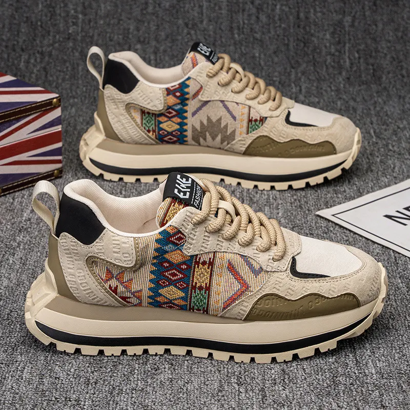 Men's Fashion Sneakers Casual Sports Shoes with Embroidered Design, Plaid Pattern, Thick Sole, Height Increasing, Perfect for Spring and Autumn thumbnail 1