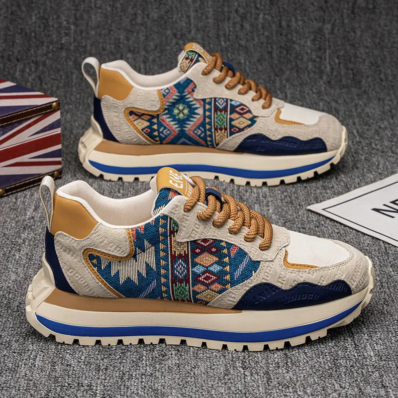 Men's Fashion Sneakers Casual Sports Shoes with Embroidered Design, Plaid Pattern, Thick Sole, Height Increasing, Perfect for Spring and Autumn thumbnail 2