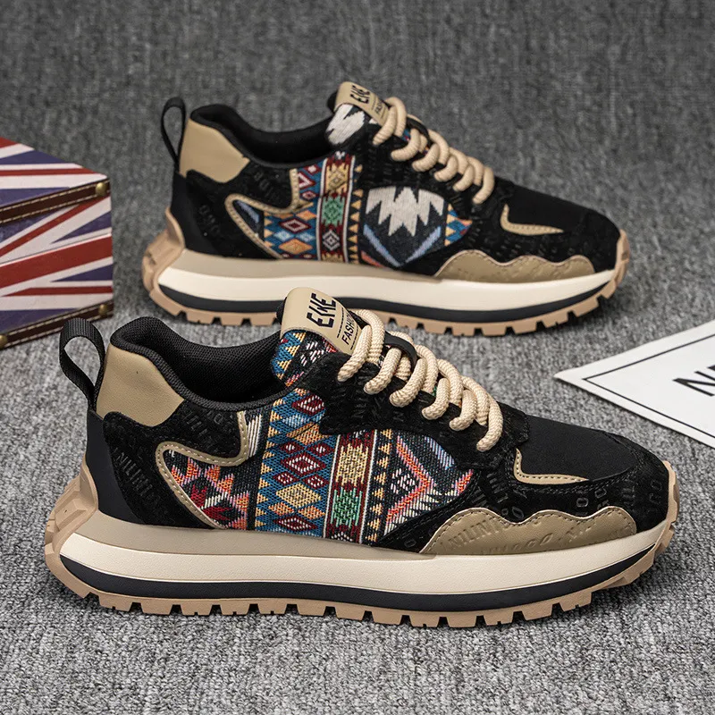 Men's Fashion Sneakers Casual Sports Shoes with Embroidered Design, Plaid Pattern, Thick Sole, Height Increasing, Perfect for Spring and Autumn thumbnail 4