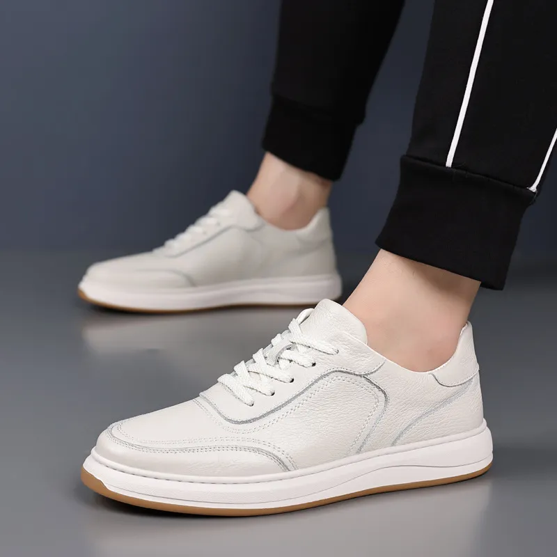 Men's Genuine Leather Casual Shoes - First Layer Cowhide Breathable Sneakers - White Leather Shoes for Men - Spring Fashion thumbnail 4