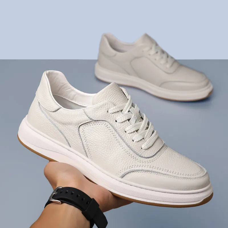 Men's Genuine Leather Casual Shoes - First Layer Cowhide Breathable Sneakers - White Leather Shoes for Men - Spring Fashion thumbnail 3