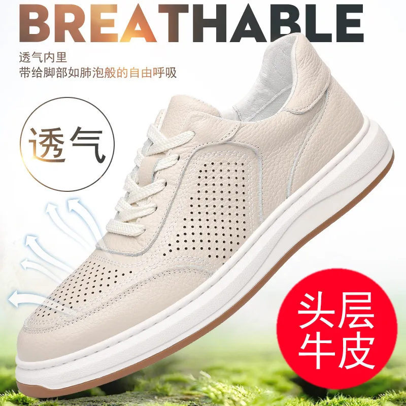 Men's Genuine Leather Casual Shoes - First Layer Cowhide Breathable Sneakers - White Leather Shoes for Men - Spring Fashion thumbnail 9