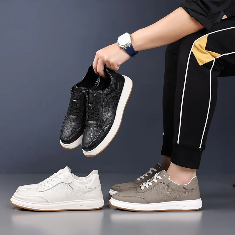 Men's Genuine Leather Casual Shoes - First Layer Cowhide Breathable Sneakers - White Leather Shoes for Men - Spring Fashion thumbnail 2