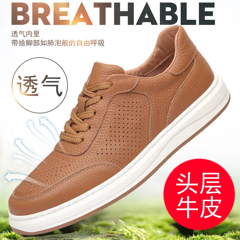 Men's Genuine Leather Casual Shoes - First Layer Cowhide Breathable Sneakers - White Leather Shoes for Men - Spring Fashion thumbnail 6