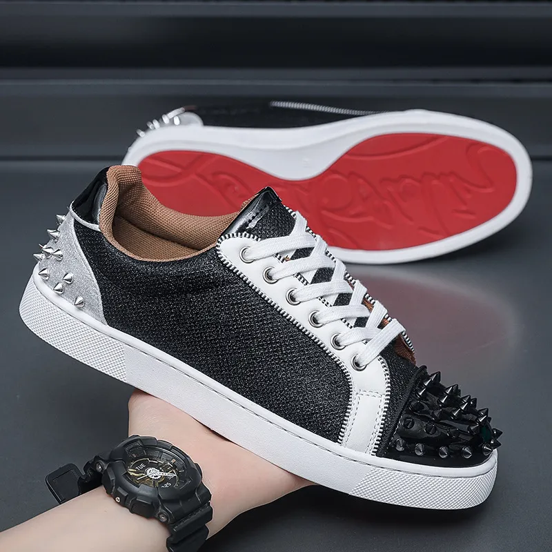 Men's Red Bottom Rivet Sneakers - European Fashion Casual Shoes - Trendy Hot Drilling Design - Stylish Men's Footwear thumbnail 1