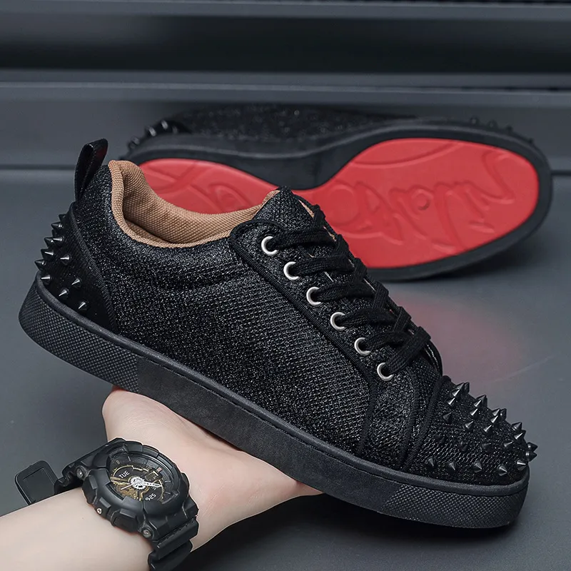 Men's Red Bottom Rivet Sneakers - European Fashion Casual Shoes - Trendy Hot Drilling Design - Stylish Men's Footwear thumbnail 2