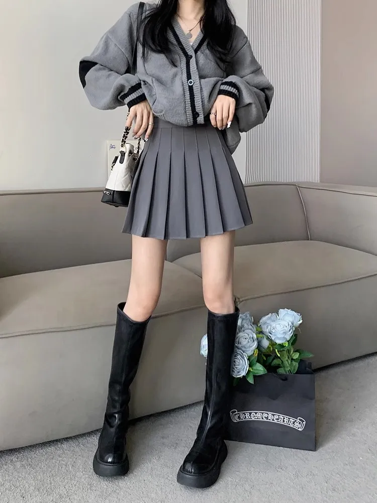 Plus Size Pleated Skirt for Women - High Waist A-Line Skirt, Slimming, Academy Style, Brown, Autumn Winter Fashion 2024 showcase 4