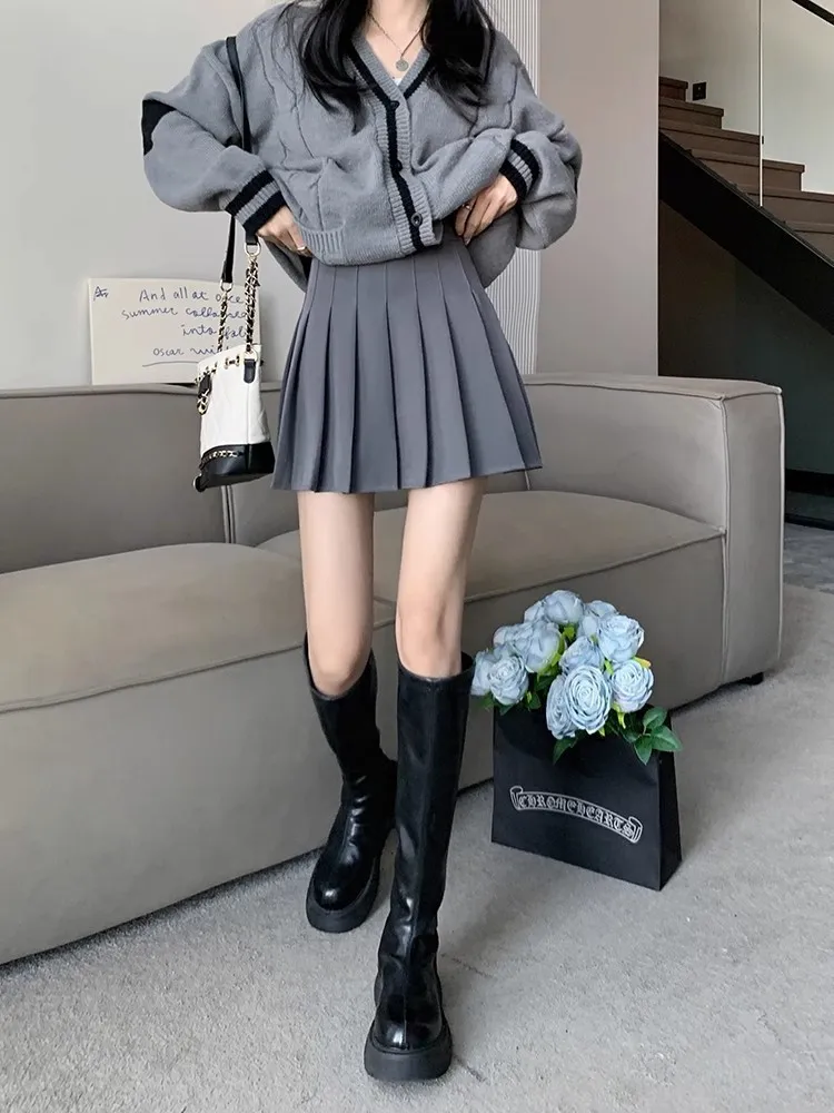 Plus Size Pleated Skirt for Women - High Waist A-Line Skirt, Slimming, Academy Style, Brown, Autumn Winter Fashion 2024 showcase 7