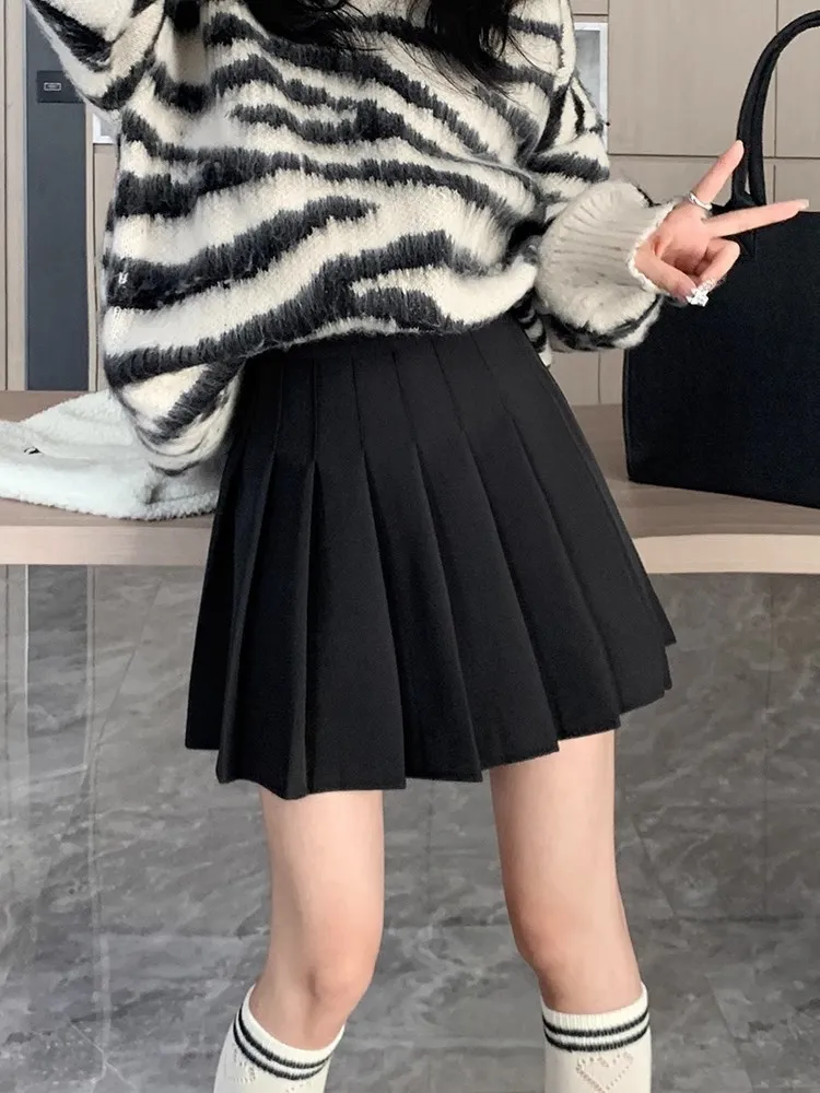 Plus Size Pleated Skirt for Women - High Waist A-Line Skirt, Slimming, Academy Style, Brown, Autumn Winter Fashion 2024 thumbnail 6