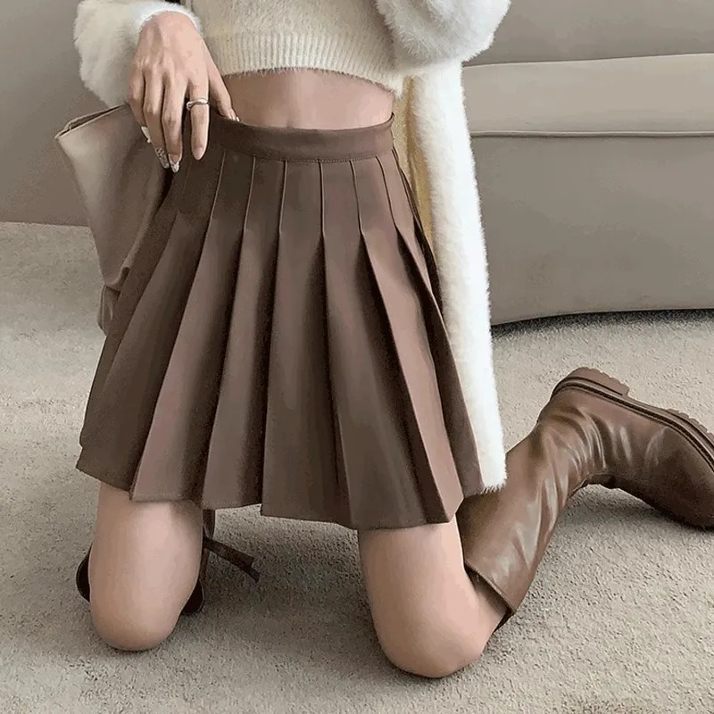 Plus Size Pleated Skirt for Women - High Waist A-Line Skirt, Slimming, Academy Style, Brown, Autumn Winter Fashion 2024 thumbnail 4