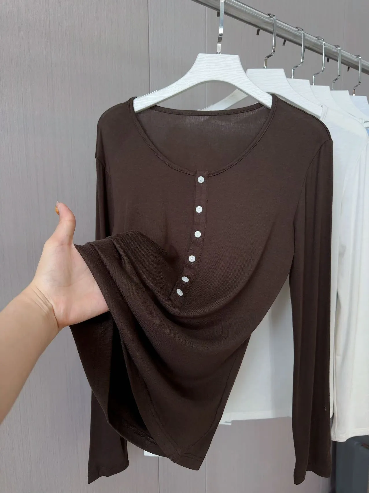 Women's Tencel Acetate Wool Blend Knit Top - Spring/Summer Long Sleeve Round Neck Slim Fit T-Shirt - Solid Color Striped Design thumbnail 6