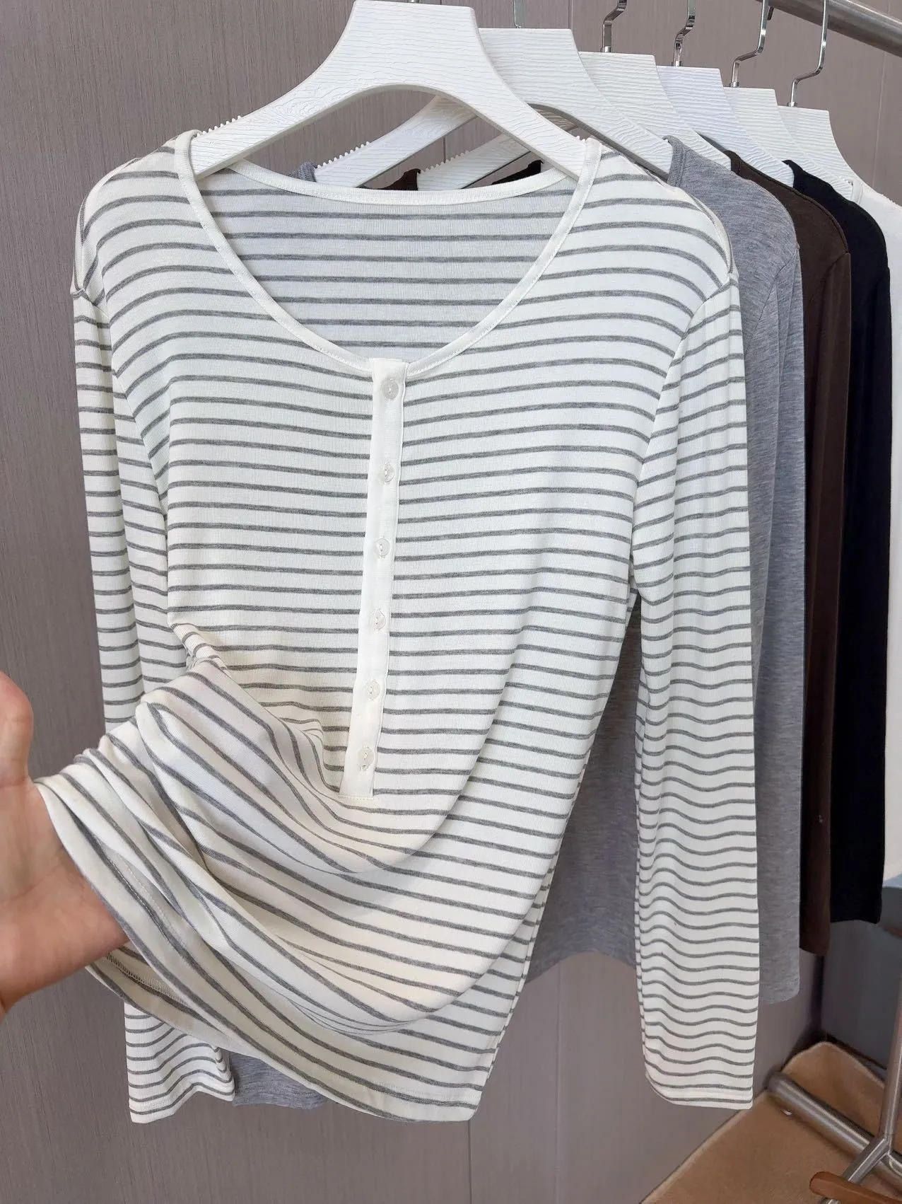 Women's Tencel Acetate Wool Blend Knit Top - Spring/Summer Long Sleeve Round Neck Slim Fit T-Shirt - Solid Color Striped Design thumbnail 10
