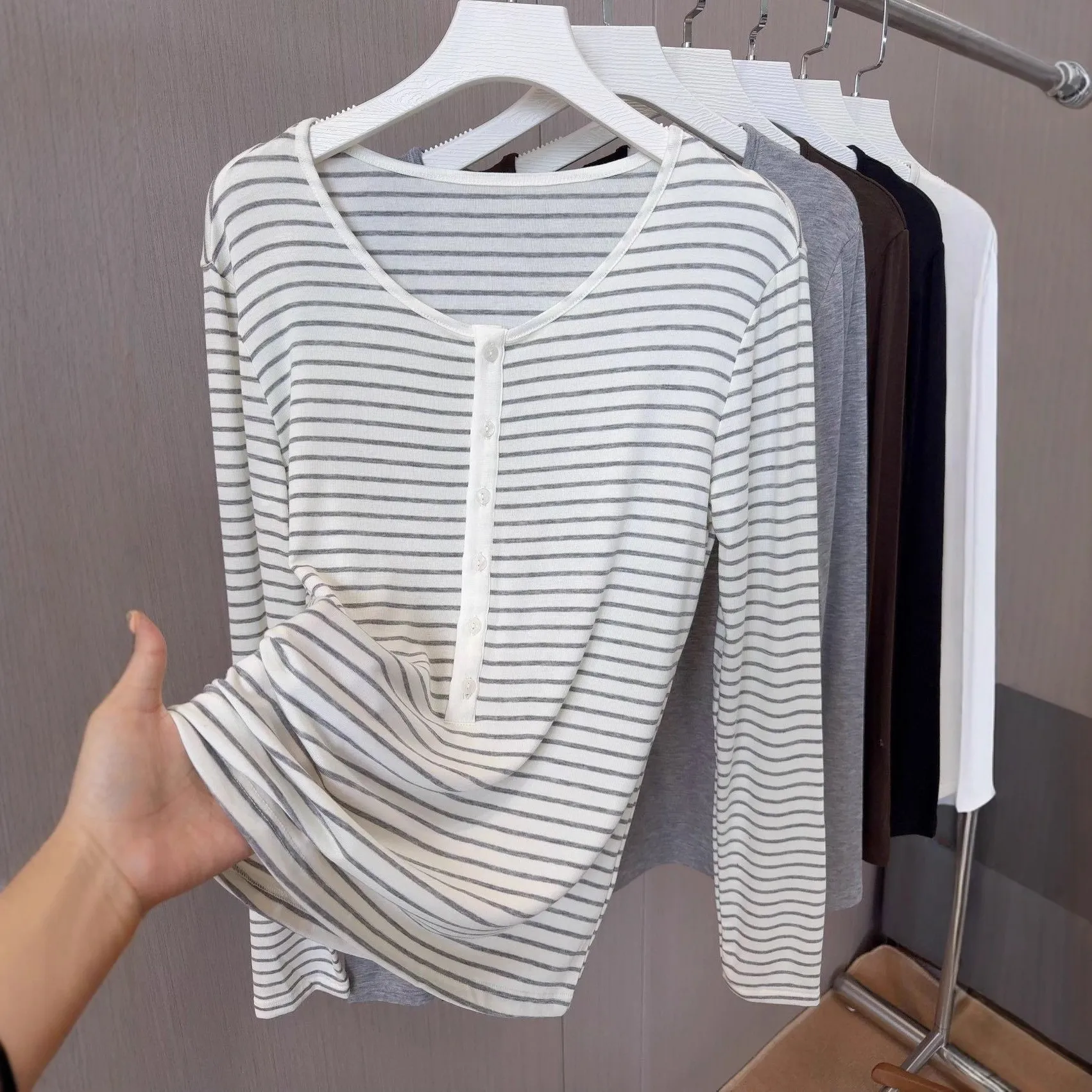 Women's Tencel Acetate Wool Blend Knit Top - Spring/Summer Long Sleeve Round Neck Slim Fit T-Shirt - Solid Color Striped Design thumbnail 5