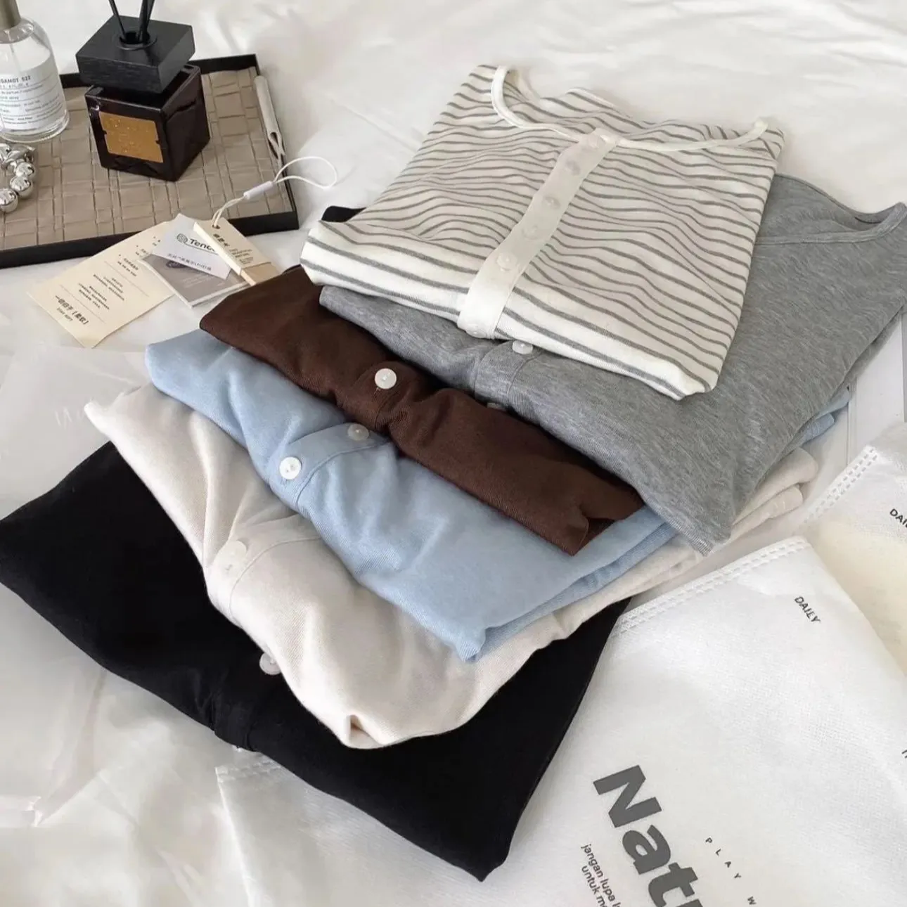 Women's Tencel Acetate Wool Blend Knit Top - Spring/Summer Long Sleeve Round Neck Slim Fit T-Shirt - Solid Color Striped Design thumbnail 2