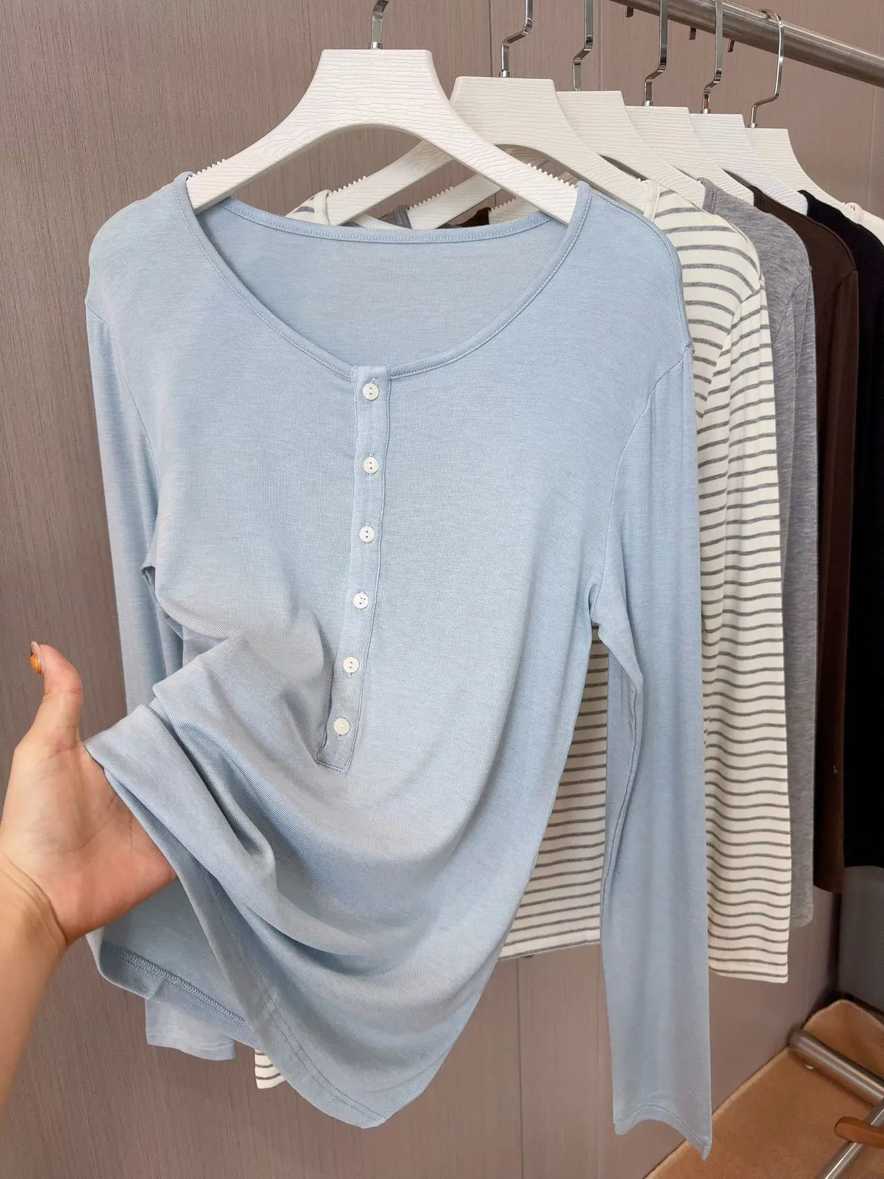 Women's Tencel Acetate Wool Blend Knit Top - Spring/Summer Long Sleeve Round Neck Slim Fit T-Shirt - Solid Color Striped Design thumbnail 7