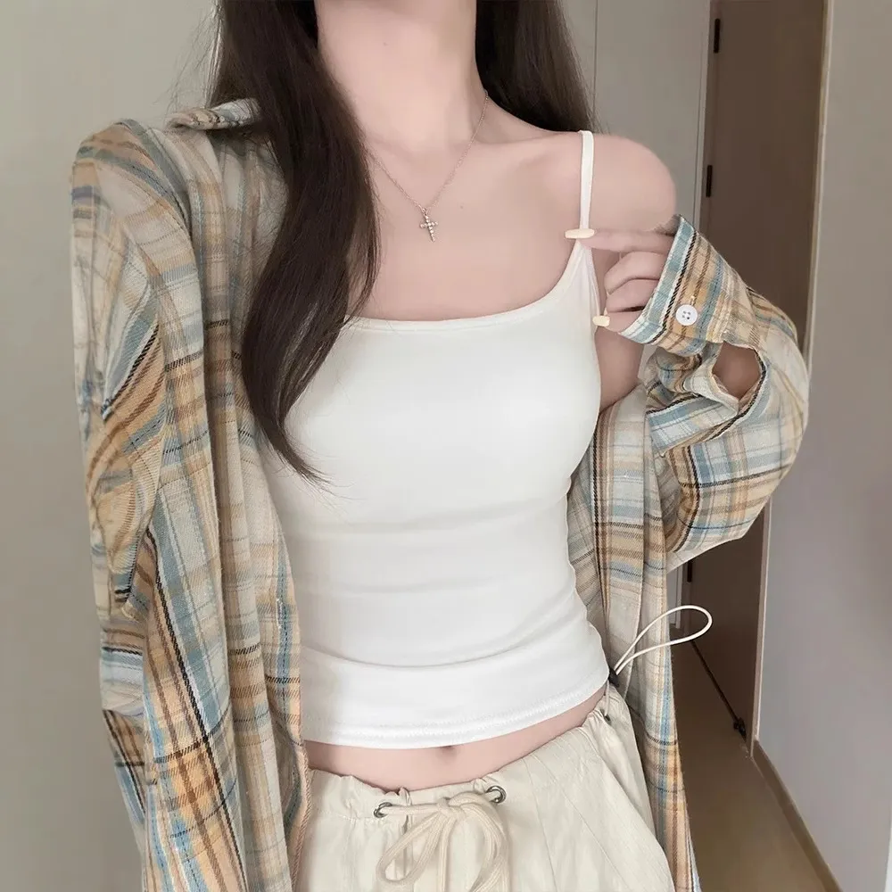 Women's White Sling Top Adjustable Straps Removable Chest Pad Versatile Basic Cami Top Comfortable Everyday Wear thumbnail 1
