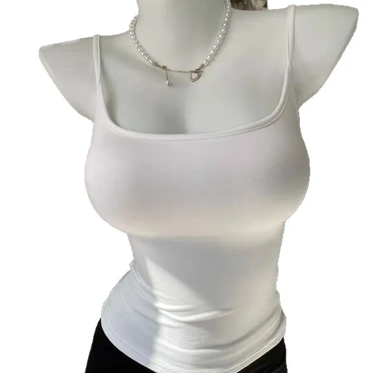 Women's White Sling Top Adjustable Straps Removable Chest Pad Versatile Basic Cami Top Comfortable Everyday Wear thumbnail 5