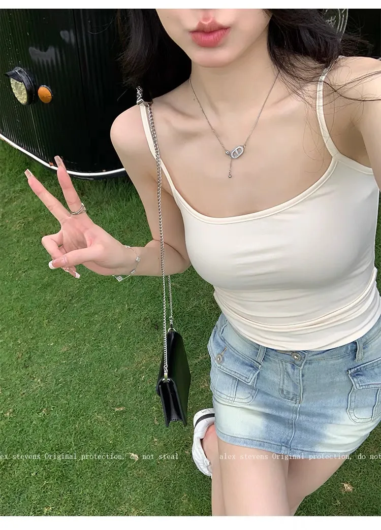 Women's White Sling Top Adjustable Straps Removable Chest Pad Versatile Basic Cami Top Comfortable Everyday Wear showcase 9