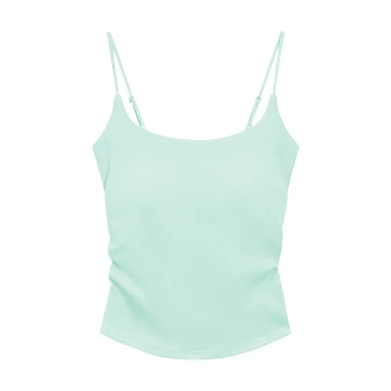 Women's Summer Cotton Camisole Top with Built-in Chest Pad - Sleeveless Pleated Tank Top for Casual Wear, Slimming Fit, Beautiful Back Design thumbnail 5