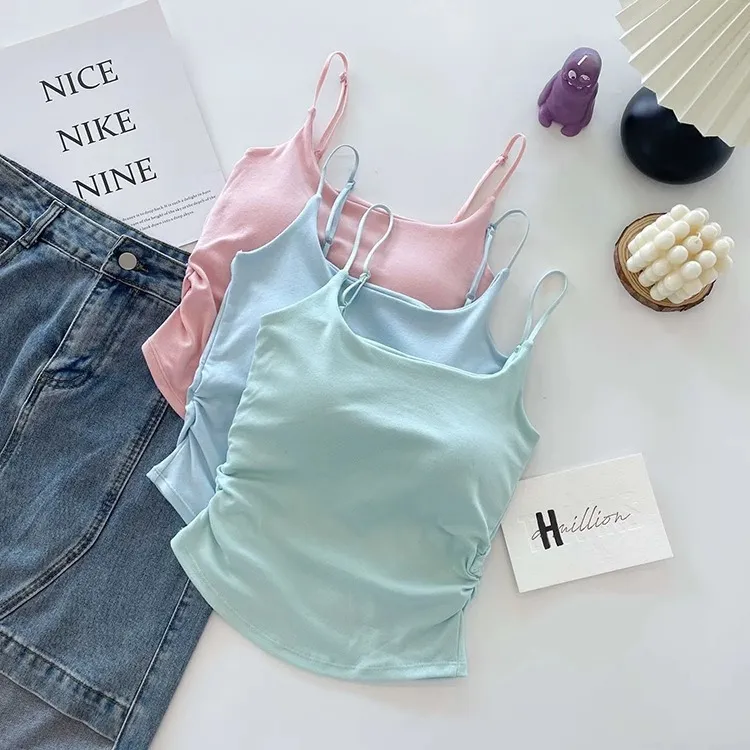 Women's Summer Cotton Camisole Top with Built-in Chest Pad - Sleeveless Pleated Tank Top for Casual Wear, Slimming Fit, Beautiful Back Design showcase 7