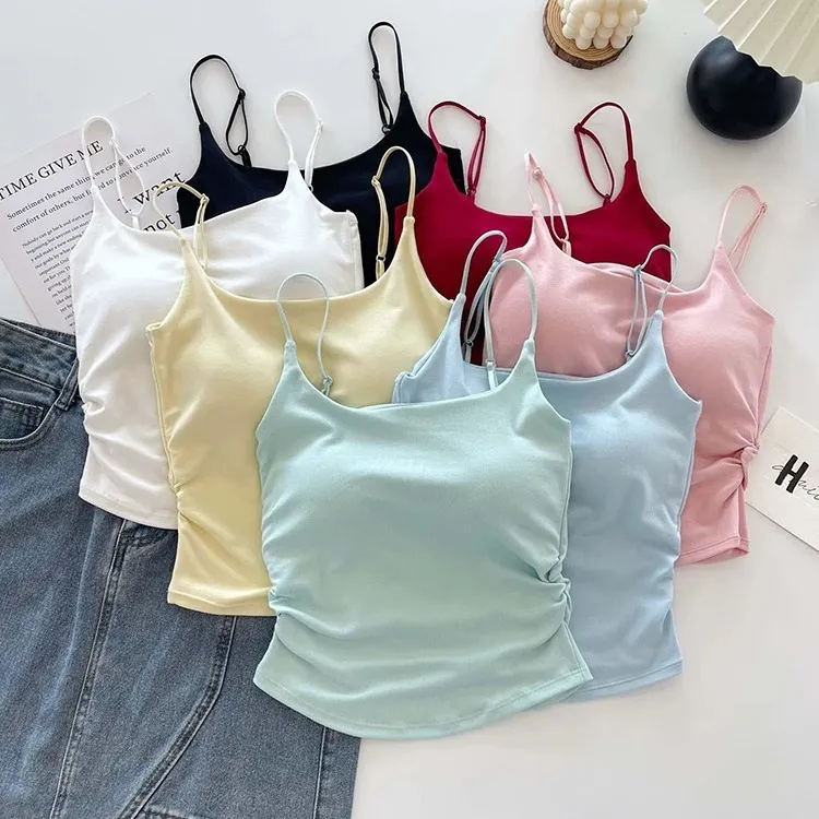 Women's Summer Cotton Camisole Top with Built-in Chest Pad - Sleeveless Pleated Tank Top for Casual Wear, Slimming Fit, Beautiful Back Design showcase 2