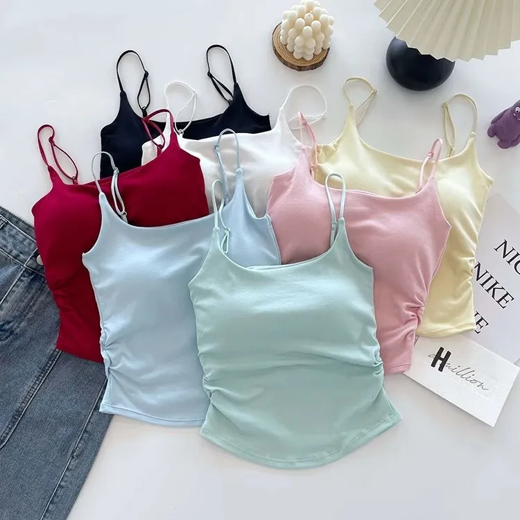 Women's Summer Cotton Camisole Top with Built-in Chest Pad - Sleeveless Pleated Tank Top for Casual Wear, Slimming Fit, Beautiful Back Design showcase 1
