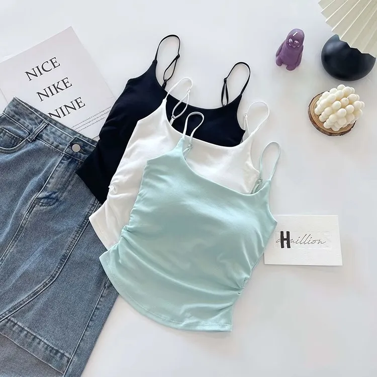 Women's Summer Cotton Camisole Top with Built-in Chest Pad - Sleeveless Pleated Tank Top for Casual Wear, Slimming Fit, Beautiful Back Design showcase 6