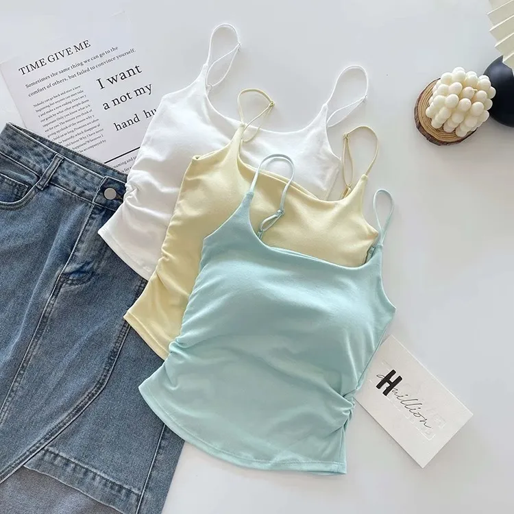 Women's Summer Cotton Camisole Top with Built-in Chest Pad - Sleeveless Pleated Tank Top for Casual Wear, Slimming Fit, Beautiful Back Design showcase 19