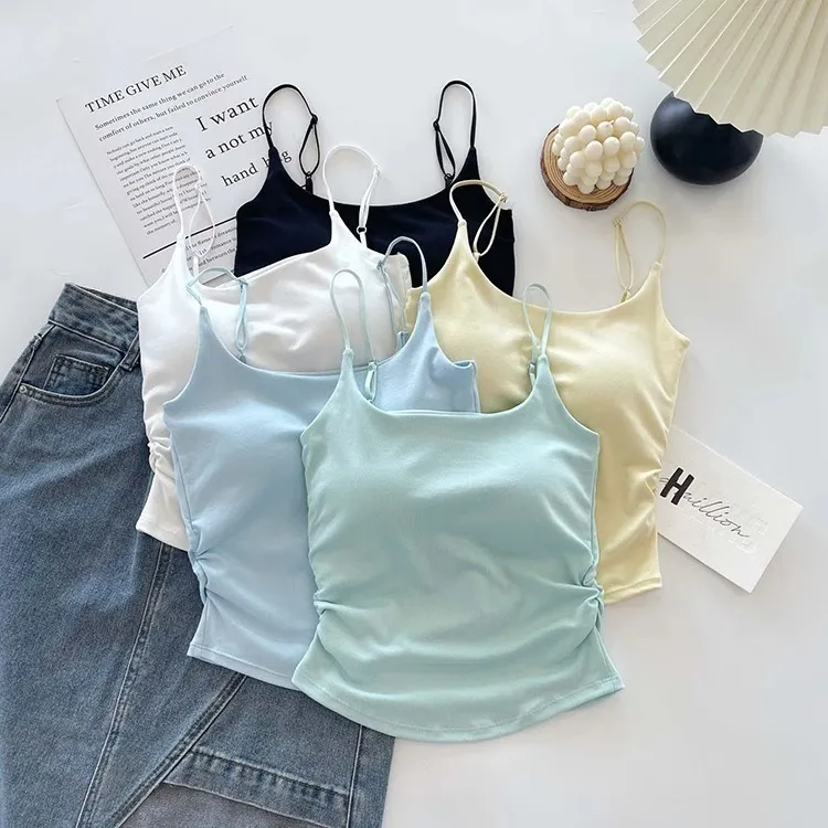 Women's Summer Cotton Camisole Top with Built-in Chest Pad - Sleeveless Pleated Tank Top for Casual Wear, Slimming Fit, Beautiful Back Design showcase 9
