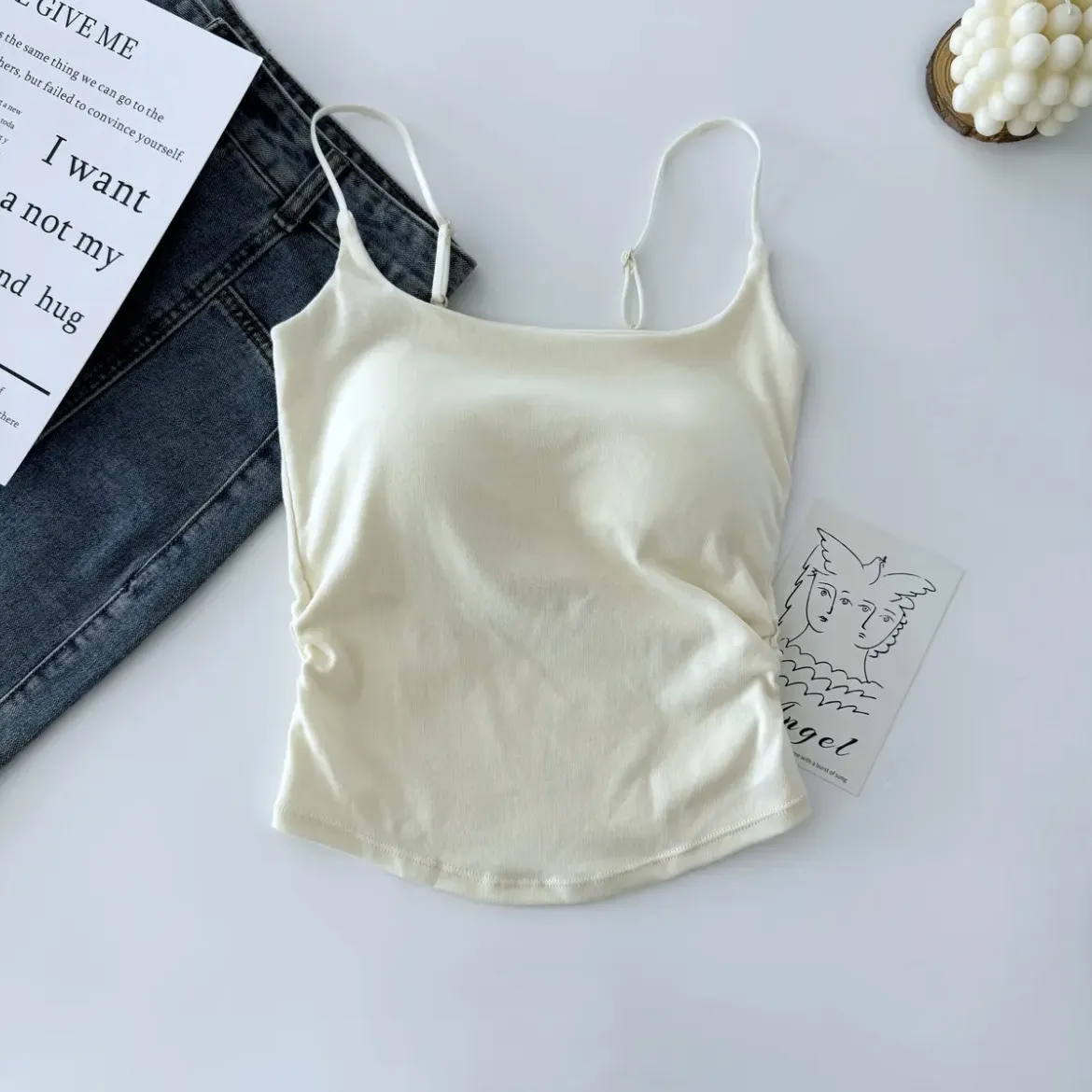Women's Summer Cotton Camisole Top with Built-in Chest Pad - Sleeveless Pleated Tank Top for Casual Wear, Slimming Fit, Beautiful Back Design thumbnail 7
