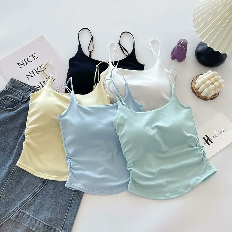 Women's Summer Cotton Camisole Top with Built-in Chest Pad - Sleeveless Pleated Tank Top for Casual Wear, Slimming Fit, Beautiful Back Design thumbnail 3