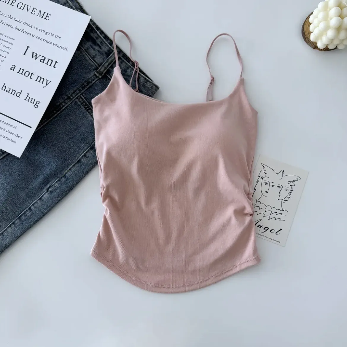 Women's Summer Cotton Camisole Top with Built-in Chest Pad - Sleeveless Pleated Tank Top for Casual Wear, Slimming Fit, Beautiful Back Design thumbnail 6