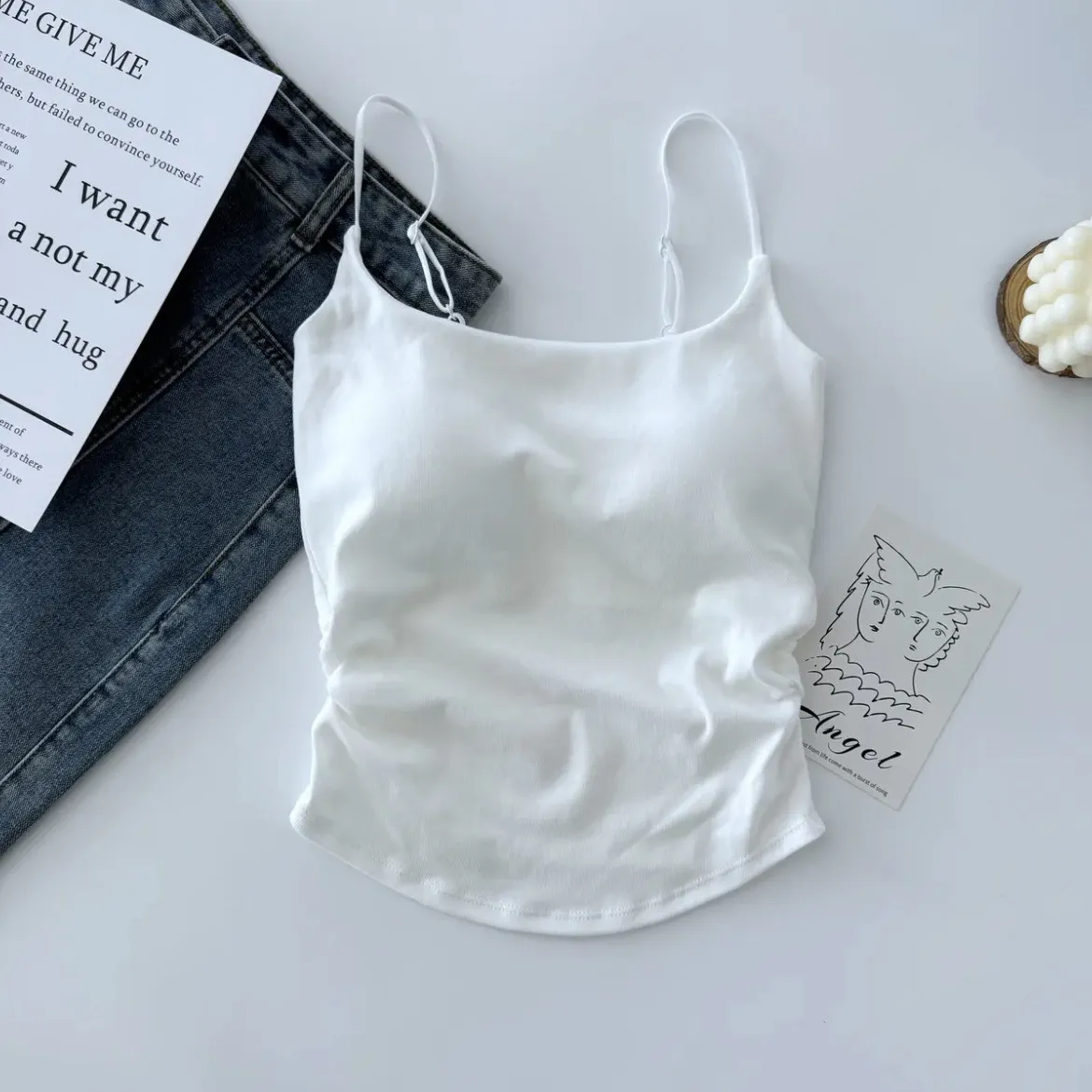 Women's Summer Cotton Camisole Top with Built-in Chest Pad - Sleeveless Pleated Tank Top for Casual Wear, Slimming Fit, Beautiful Back Design thumbnail 8