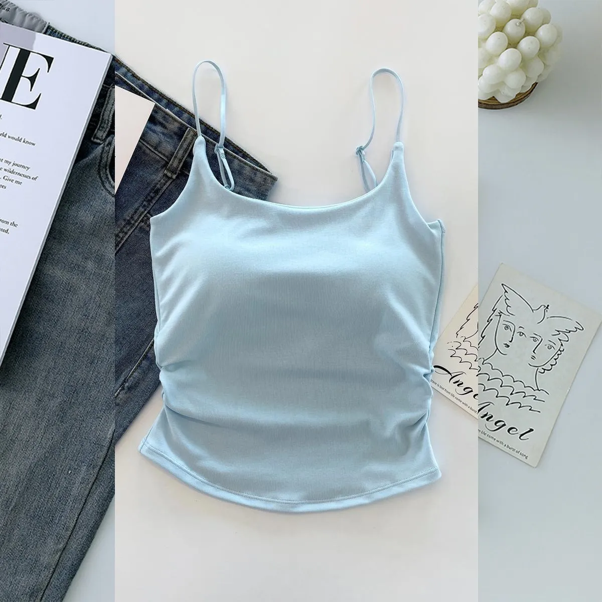 Women's Summer Cotton Camisole Top with Built-in Chest Pad - Sleeveless Pleated Tank Top for Casual Wear, Slimming Fit, Beautiful Back Design thumbnail 10