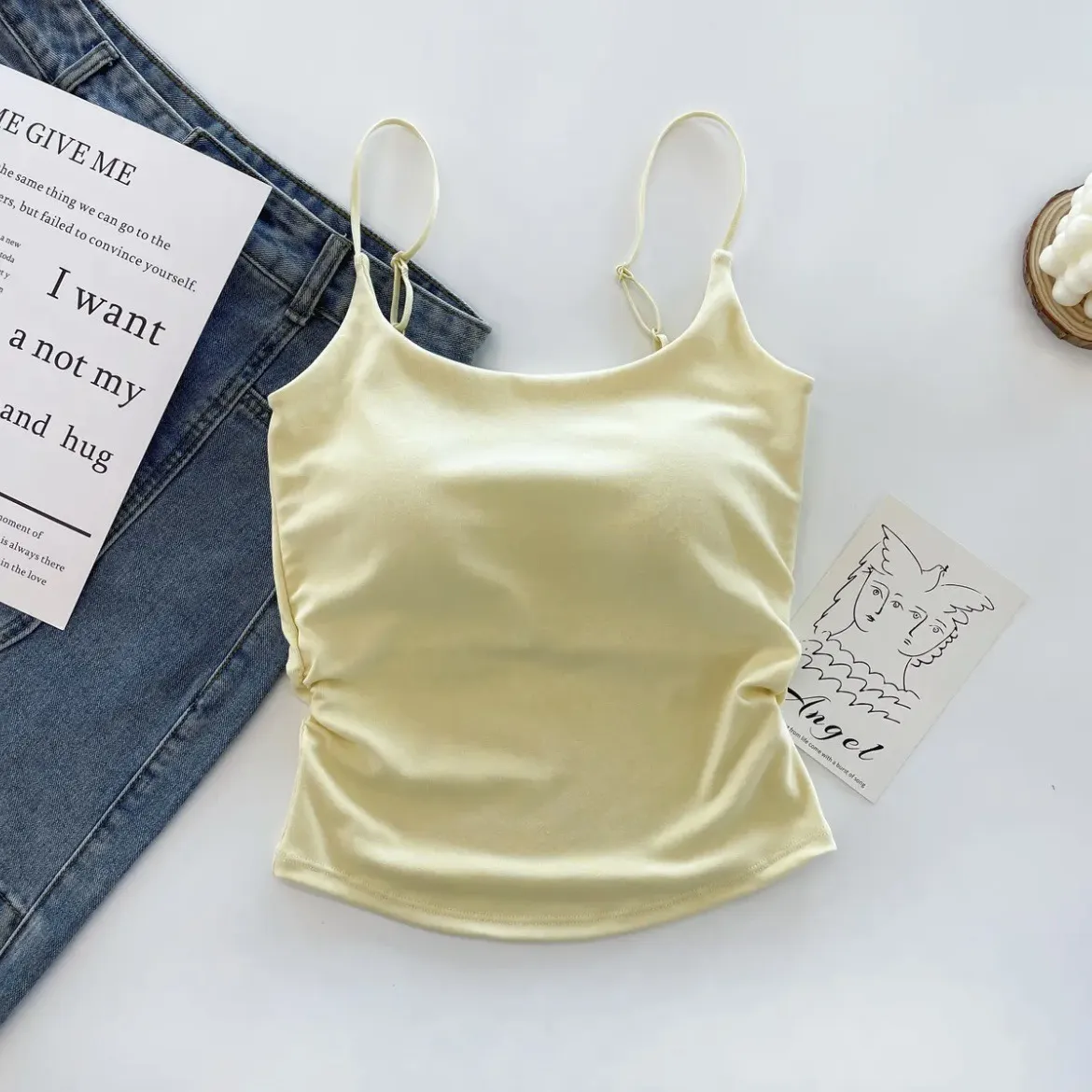 Women's Summer Cotton Camisole Top with Built-in Chest Pad - Sleeveless Pleated Tank Top for Casual Wear, Slimming Fit, Beautiful Back Design thumbnail 9