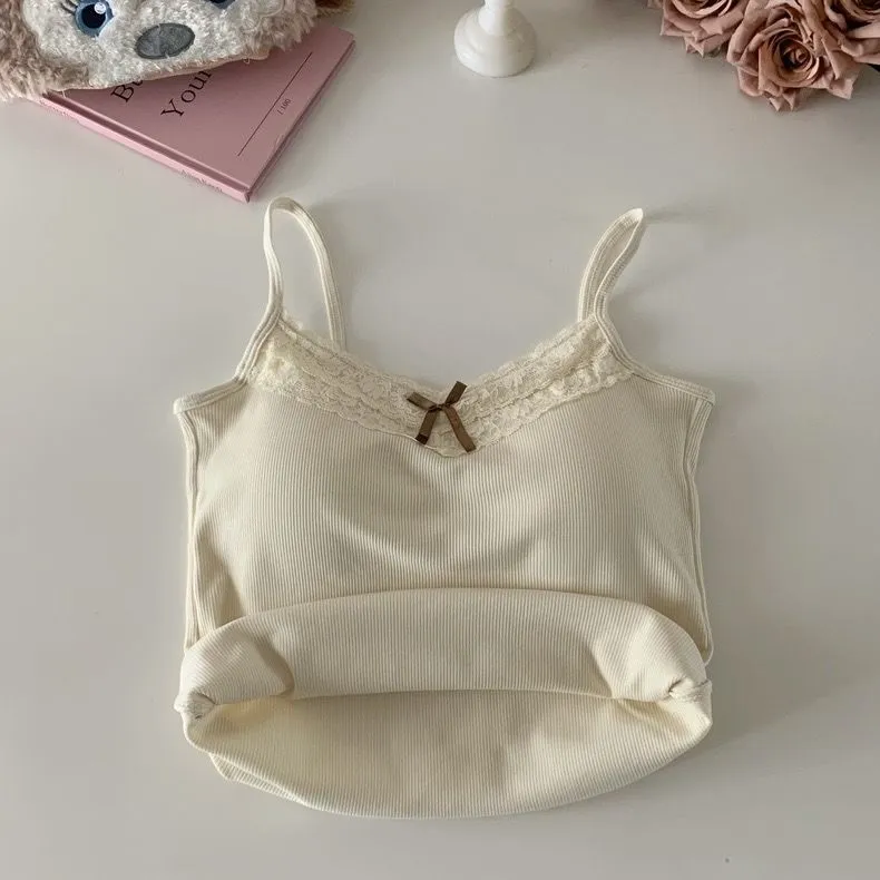 Women's Lace Camisole Top with Built-in Bra Pads - Sexy Sleeveless Bowknot Design Slim Fit Tank Top for Summer thumbnail 7