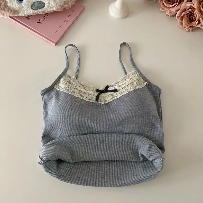 Women's Lace Camisole Top with Built-in Bra Pads - Sexy Sleeveless Bowknot Design Slim Fit Tank Top for Summer thumbnail 6