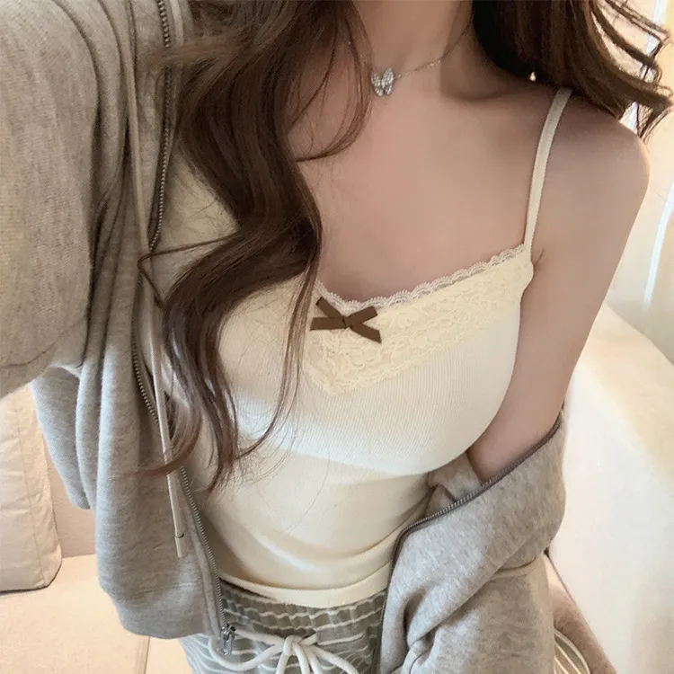Women's Lace Camisole Top with Built-in Bra Pads - Sexy Sleeveless Bowknot Design Slim Fit Tank Top for Summer thumbnail 1