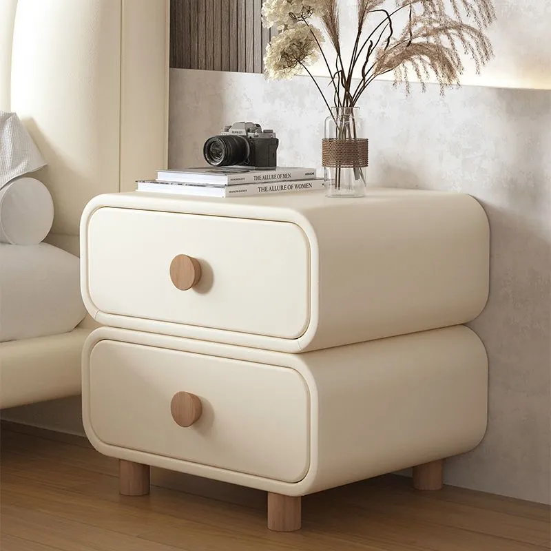 Modern Bedside Table Nightstand - Cream Leather Accent Cabinet with Solid Wood Frame - Simple, Installation-Free Style for Bedroom Storage