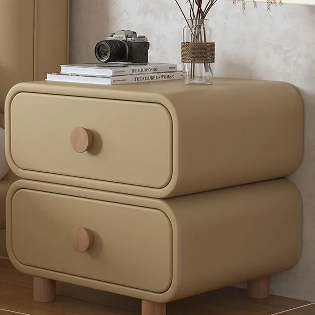 Modern Bedside Table Nightstand - Cream Leather Accent Cabinet with Solid Wood Frame - Simple, Installation-Free Style for Bedroom Storage thumbnail 9