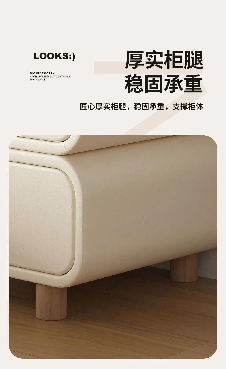 Modern Bedside Table Nightstand - Cream Leather Accent Cabinet with Solid Wood Frame - Simple, Installation-Free Style for Bedroom Storage showcase 11