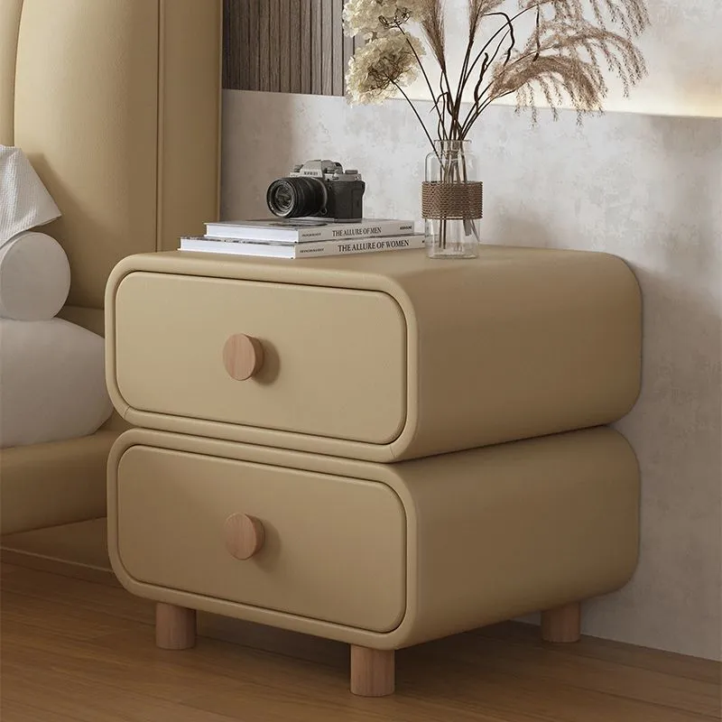 Modern Bedside Table Nightstand - Cream Leather Accent Cabinet with Solid Wood Frame - Simple, Installation-Free Style for Bedroom Storage thumbnail 3