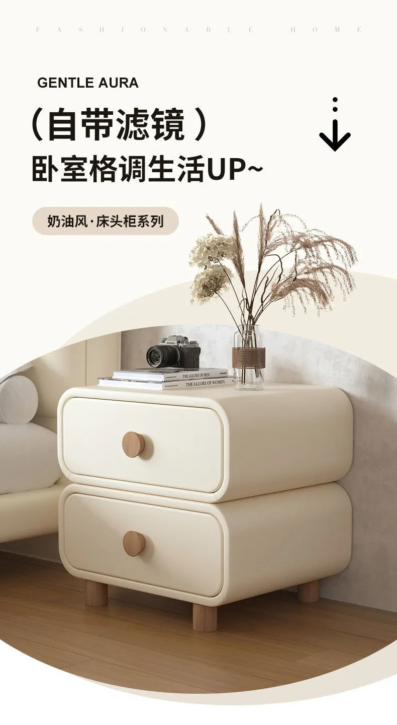 Modern Bedside Table Nightstand - Cream Leather Accent Cabinet with Solid Wood Frame - Simple, Installation-Free Style for Bedroom Storage showcase 2